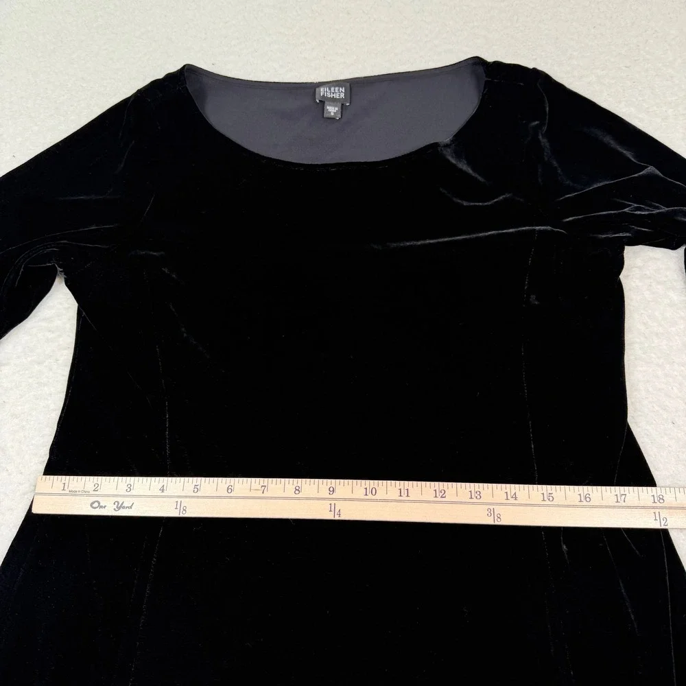 Eileen Fisher Velvet Midi Dress Women S Black Silk Blend 3/4 Sleeve Capsule‎